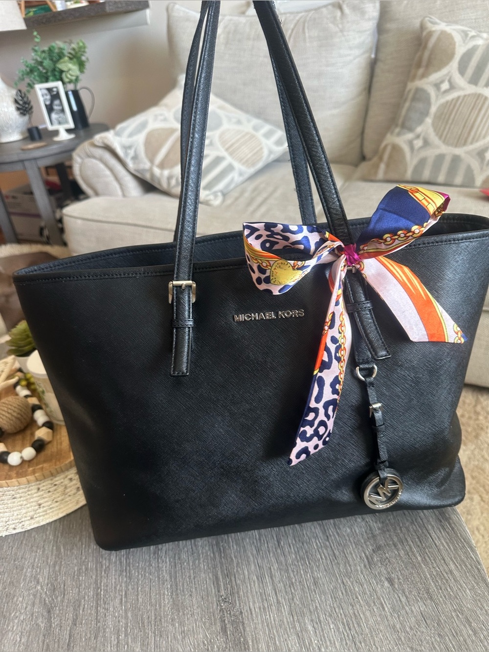 Michael Kors Black Saffiano Leather Silver Hardware Tote Bag w/Twilly Scarf